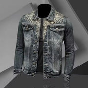 Personality slim fit stand collar denim jacket for cycling and motorcycle enthusiasts featuring a Marvel Venom design.