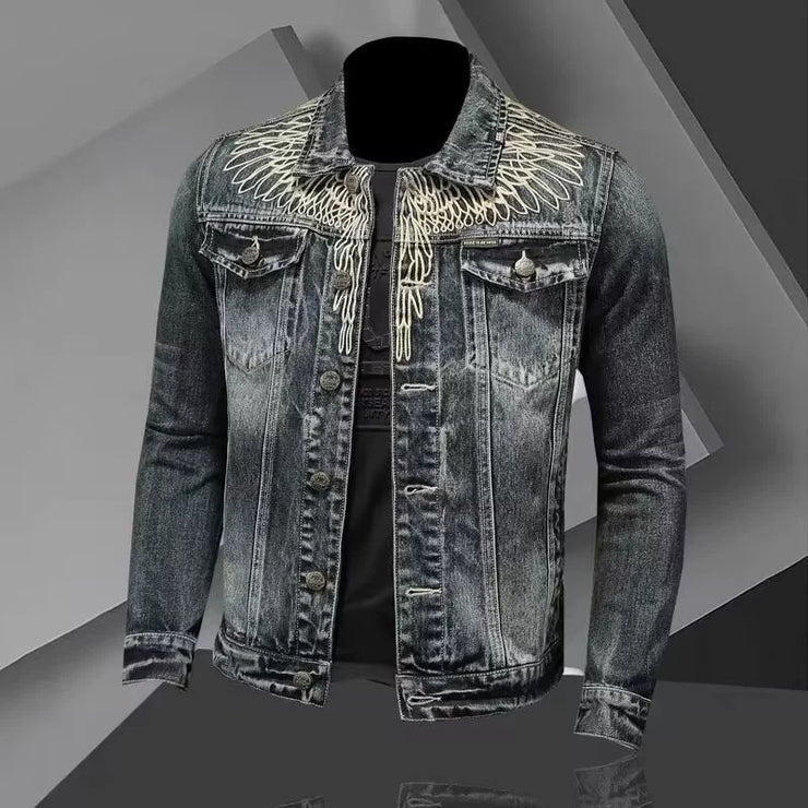 Personality slim fit stand collar denim jacket for cycling and motorcycle enthusiasts featuring a Marvel Venom design.