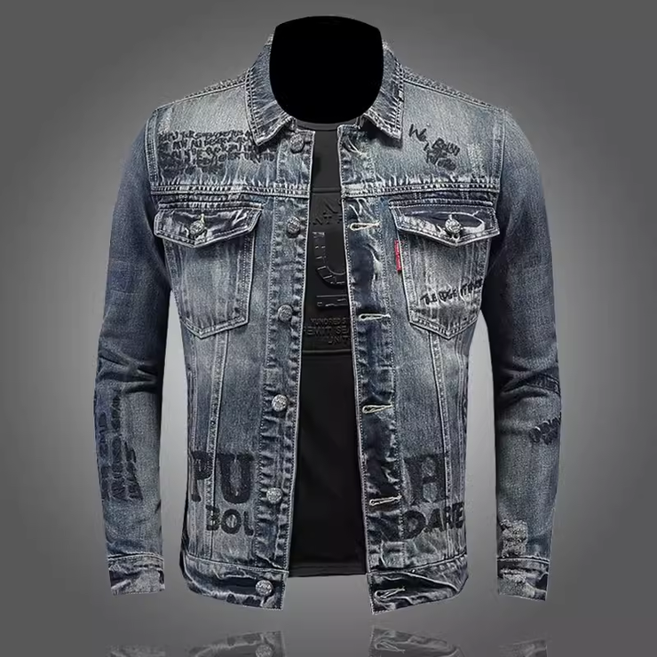 Slim fit denim jacket with stand collar, zip trim, and side slit pockets, ideal for cycling and motorcycle wear in spring and autumn.
