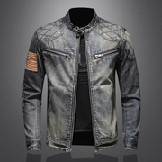 Personality slim fit stand collar denim motorcycle jacket with zip trim featuring Marvel Venom theme.