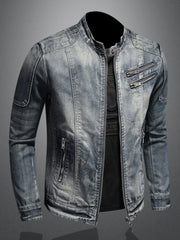 Slim fit stand collar cycling motorcycle jacket in denim, Marvel Venom design, with zip trim and side slit pockets.