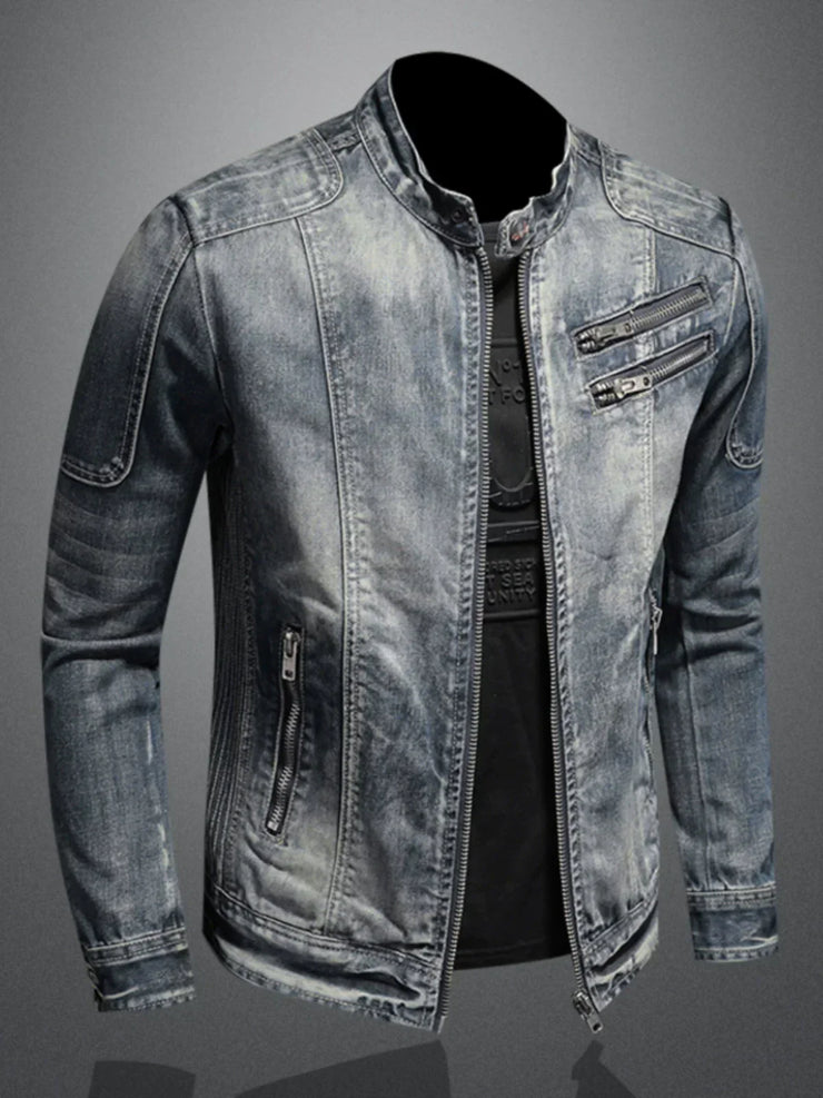 Slim fit stand collar cycling motorcycle jacket in denim, Marvel Venom design, with zip trim and side slit pockets.