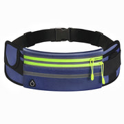 Outdoor fitness waterproof sports waist bag in dark blue with neon green zippers.
