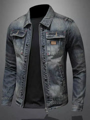 Slim fit denim jacket with stand collar for cycling and motorcycle activities.