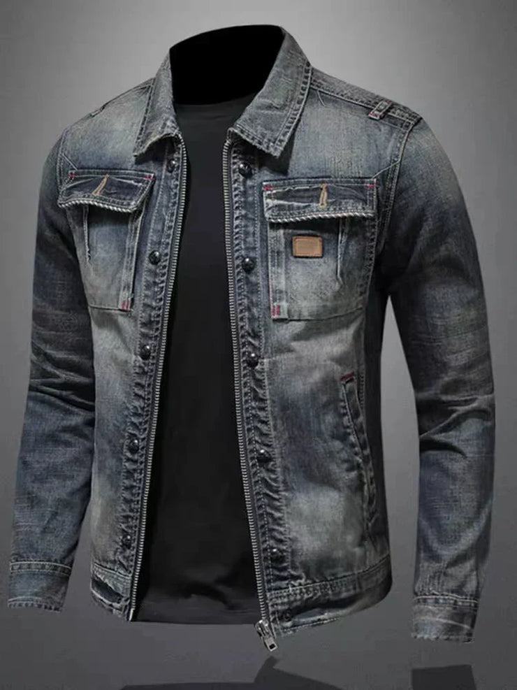 Slim fit denim jacket with stand collar for cycling and motorcycle activities.