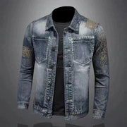 Slim fit denim jacket with stand collar and zip trim, ideal for cycling and motorcycle enthusiasts; Marvel Venom inspired design.