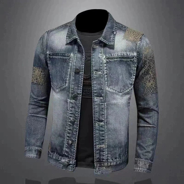 Slim fit denim jacket with stand collar and zip trim, ideal for cycling and motorcycle enthusiasts; Marvel Venom inspired design.