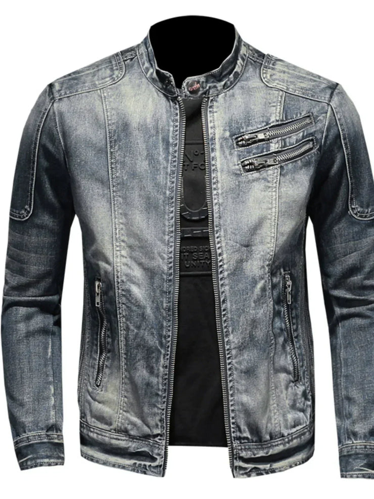 Personality slim fit stand collar cycling jacket in denim with zip trim, windproof design for spring and autumn leisure activities.