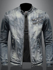 Slim fit stand collar denim motorcycle jacket with zipper details and side pockets.