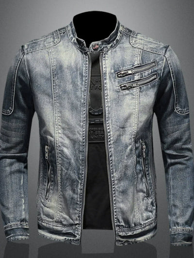 Slim fit stand collar denim motorcycle jacket with zipper details and side pockets.