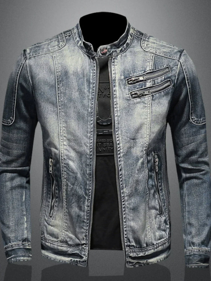 Slim fit stand collar denim motorcycle jacket with zipper details and side pockets.