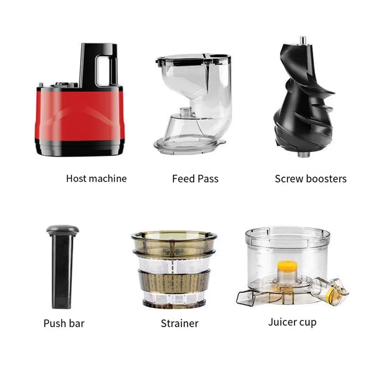 Houselin 7 inch Cold Press Juicer components including host machine, feed pass, screw boosters, push bar, strainer, and juicer cup.