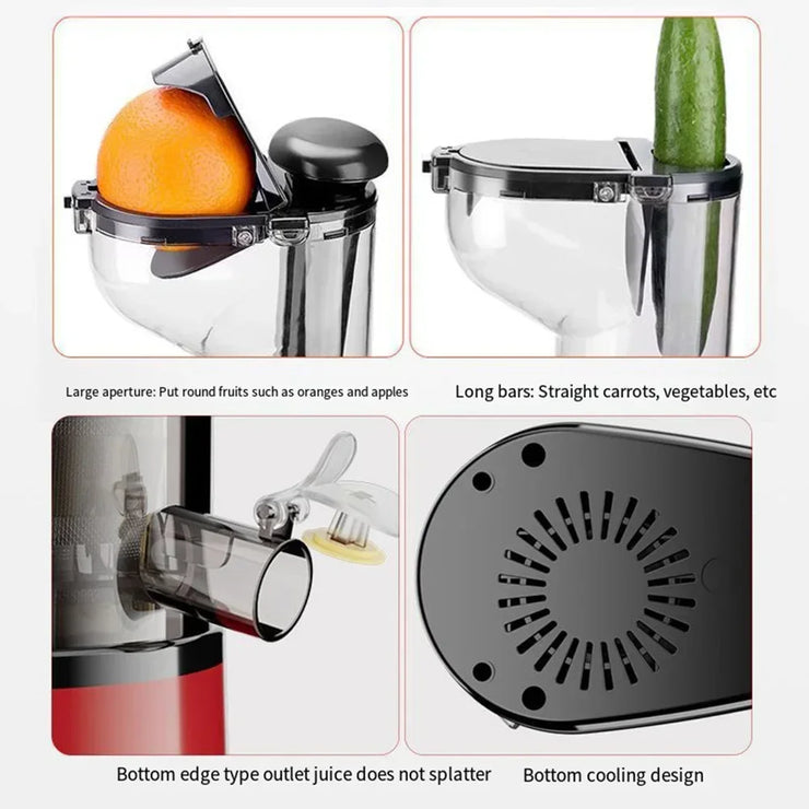 Houselin 7 inch Cold Press Juicer with large feed chute for fruits and vegetables, automatic pulp ejection, and bottom cooling design.