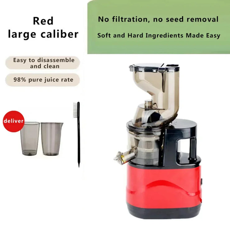 Houselin 7 inch Cold Press Juicer in red, featuring no filtration and easy disassembly, ideal for soft and hard ingredients with a 98% juice rate.
