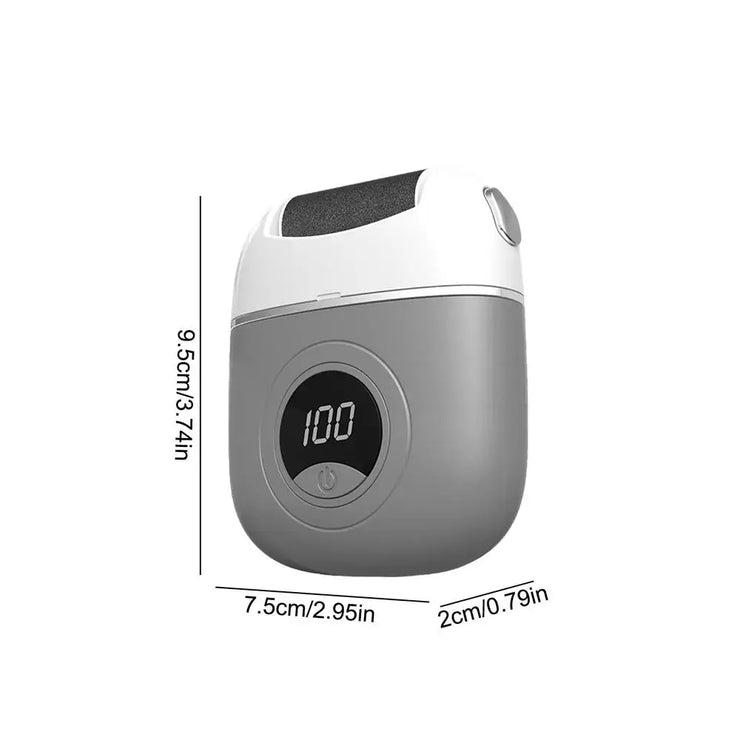 Electric foot rasp with digital display, designed for smooth feet care, featuring adjustable grinding heads and ergonomic grip.