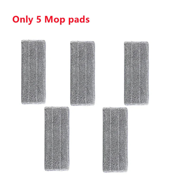 Five gray microfiber mop pads arranged on a white background.