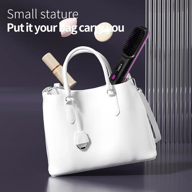 Electric LCD USB ceramic heating hair straightening comb fits in a white handbag.