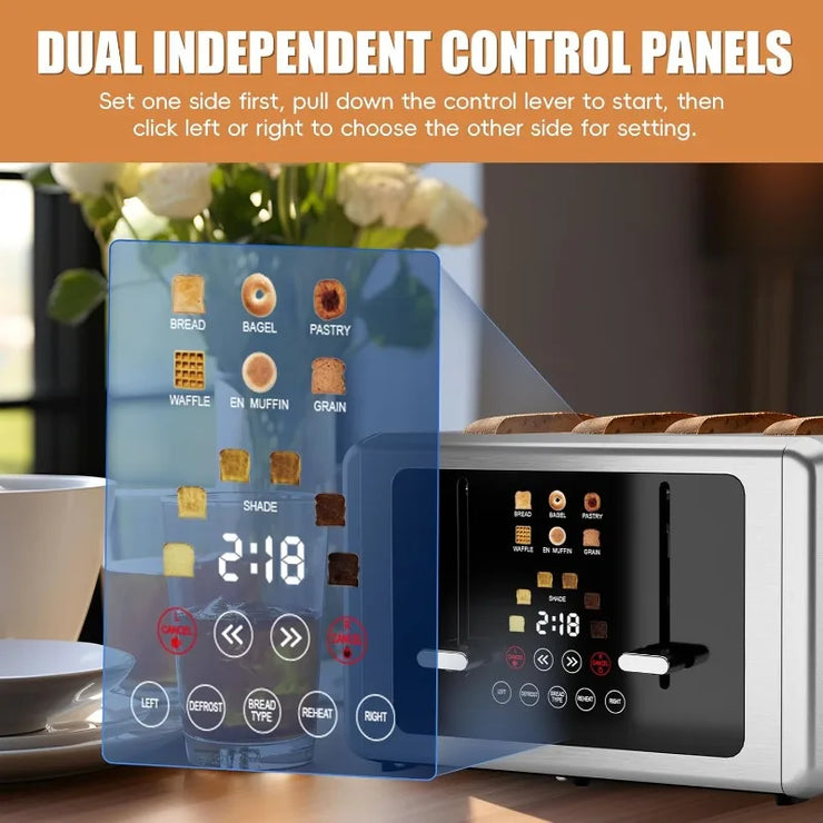 Dual touchscreen control panels on 4 slice toaster with digital countdown display.