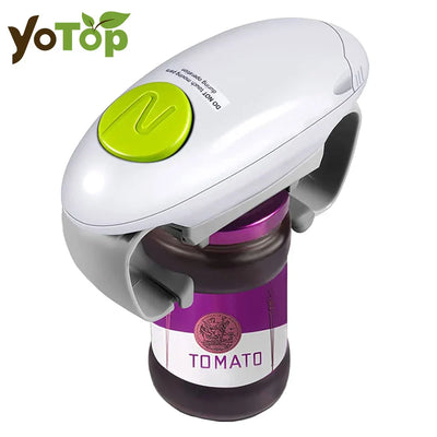 Electric jar opener in white and green by YOTOP, easily opens jars with a labor-saving design, requiring two AA batteries.