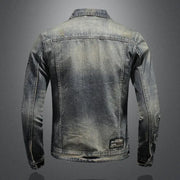 2023 men's retro denim jacket, casual high street fashion with frayed design.