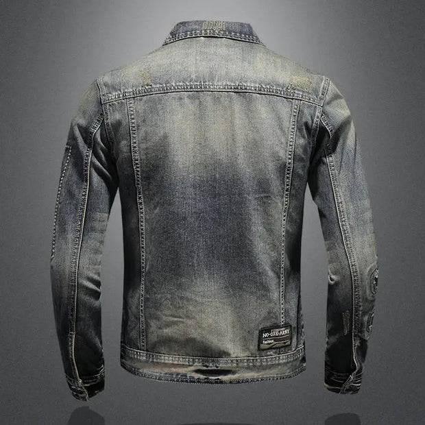 2023 new men's denim jacket retro trend loose casual handsome streetwear high street fashion hole Slim lapel denim jacket-The Joop Basket