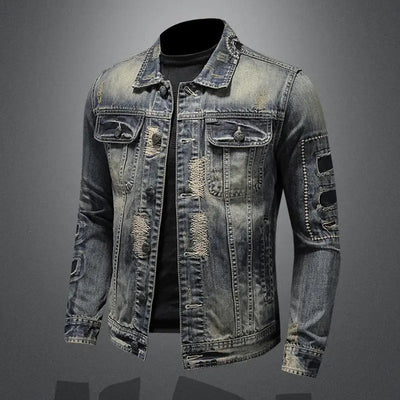 2023 men's denim jacket, retro trend, frayed design, high street fashion.