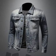 Men's vintage denim jacket with distressed wash, slim fit, long sleeves, and casual American style.