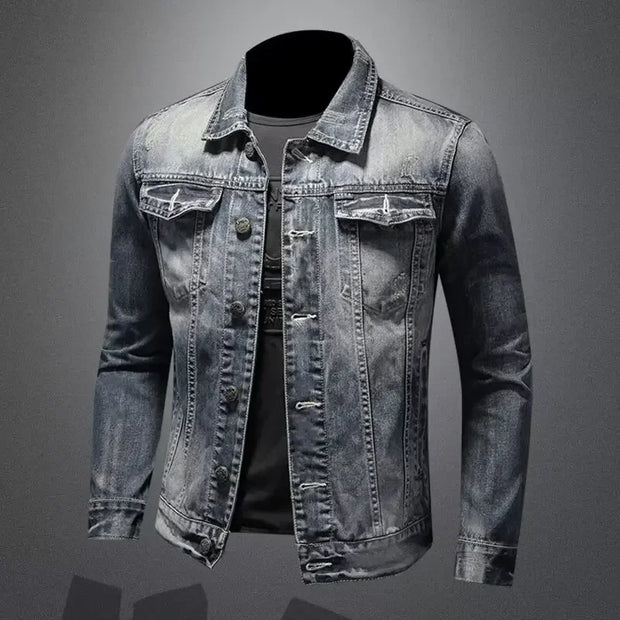 Men's Denim Jacket American Style Vintage Wash Distressed Casual Slim Fit Smooths Your Silhouette Long Sleeve Denim Blazer Trend-The Joop Basket