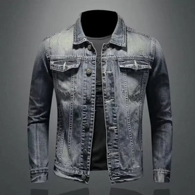 Men's denim jacket with vintage wash, distressed American style, and slim fit design.