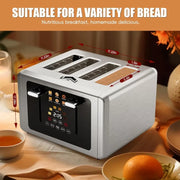 4 slice toaster with touchscreen and dual independent control panel for various bread types.