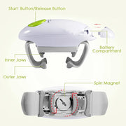 Automatic jar opener with battery compartment and labeled parts for easy operation.