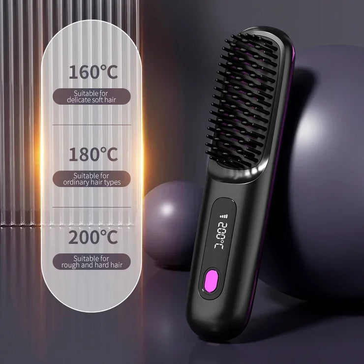 Electric LCD USB rechargeable ceramic heating hair comb with temperature settings.