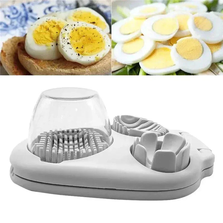 3-in-1 egg slicer for cutting hard-boiled eggs, featuring white plastic design and multiple slicing options.
