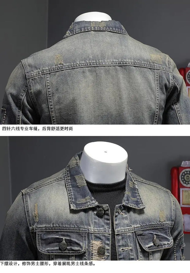 2023 new men's denim jacket retro trend loose casual handsome streetwear high street fashion hole Slim lapel denim jacket-The Joop Basket