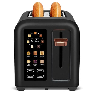 Toaster with LCD display and stainless steel design, 2-slice capacity.