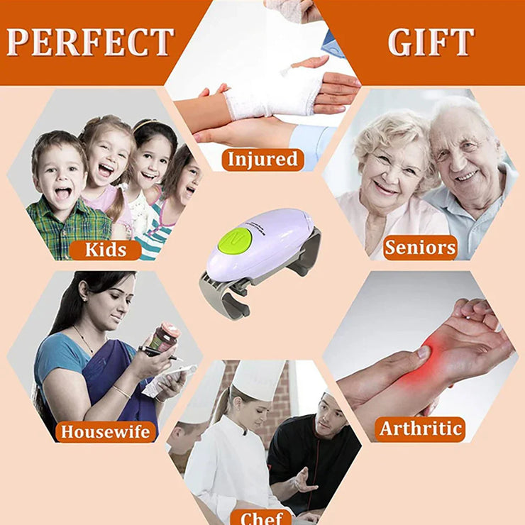 Automatic jar opener shown as an ideal gift for kids, seniors, housewives, chefs, the injured, and arthritic individuals.