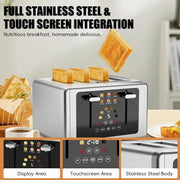4 Slice Toaster with Touchscreen, stainless steel design, digital countdown, and dual independent control panels.