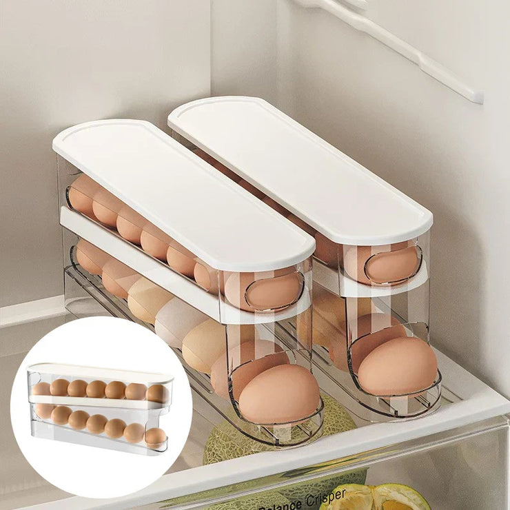 Double-layer rolling egg dispenser for refrigerator storage, large capacity, automatic scrolling egg holder.