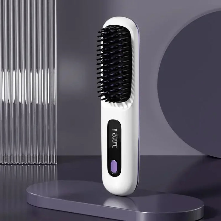 Electric LCD USB ceramic heating straight hair comb with negative ion technology, rechargeable and wireless.