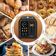 Toaster 2 Slice with LCD display, surrounded by various bread types like bagels and waffles.