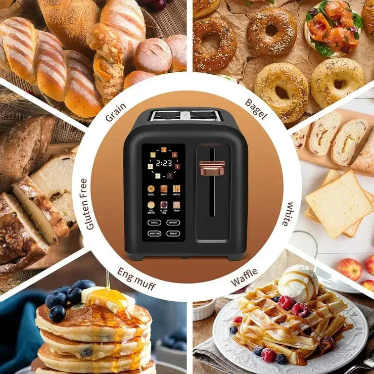 Toaster 2 Slice with LCD display, surrounded by various bread types like bagels and waffles.