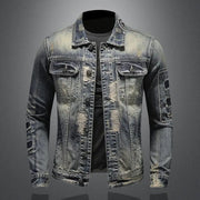 2023 men's denim jacket with frayed design, slim fit, lapel collar, casual streetwear style.