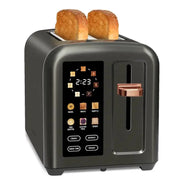 Toaster with LCD display, touch buttons, and wide slots for 2 slices in stainless steel.