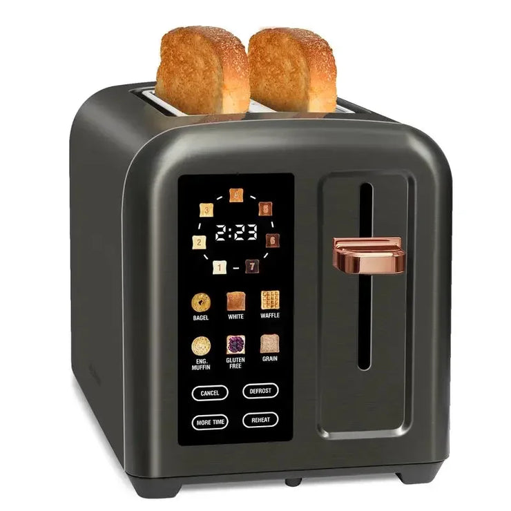 Toaster with LCD display, touch buttons, and wide slots for 2 slices in stainless steel.