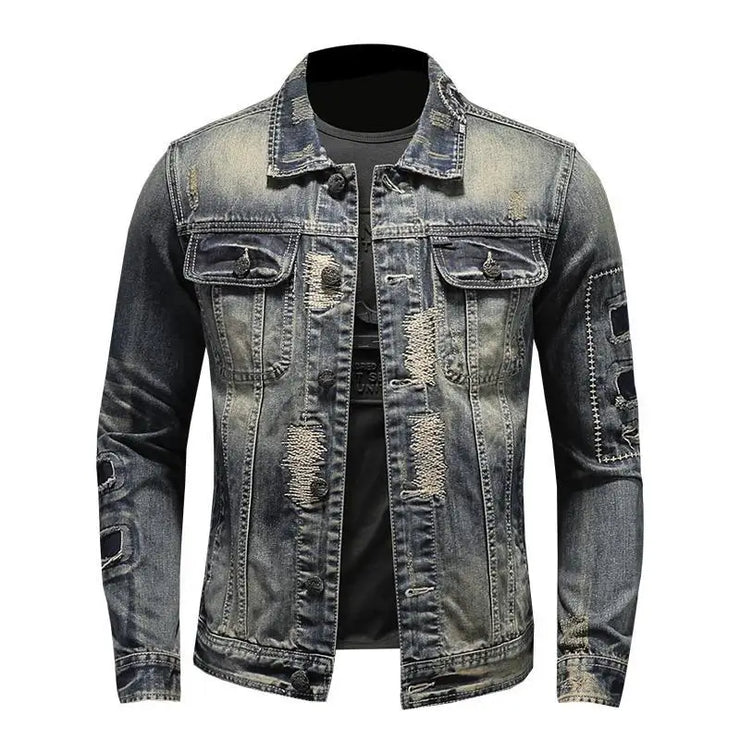 Men's denim jacket with a retro style, frayed elements, and lapel collar, perfect for casual streetwear fashion.