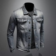 Men's denim jacket, vintage wash, slim fit, distressed casual style, long sleeve blazer.