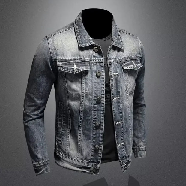 Men's Denim Jacket American Style Vintage Wash Distressed Casual Slim Fit Smooths Your Silhouette Long Sleeve Denim Blazer Trend-The Joop Basket