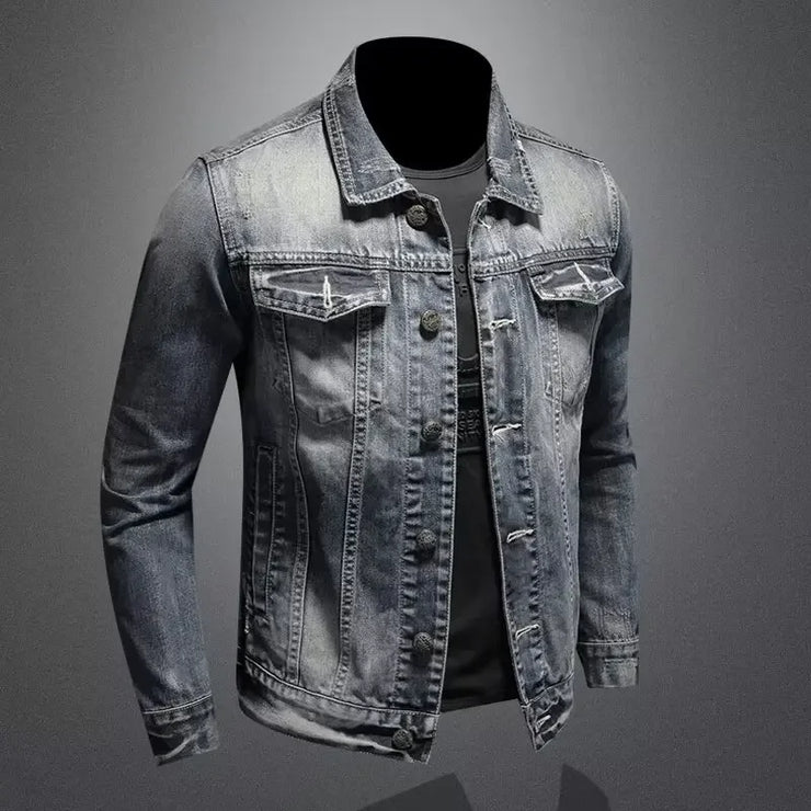 Men's denim jacket, vintage wash, slim fit, distressed casual style, long sleeve blazer.