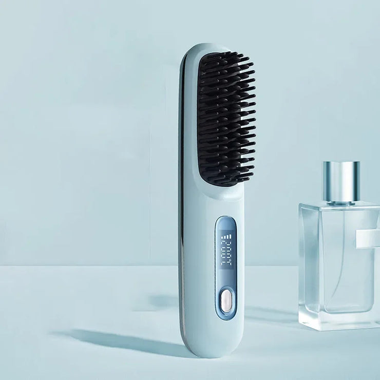 Electric LCD USB ceramic heating straight hair comb with wireless portable design, featuring negative ion styling and rechargeable functionality.