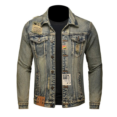 Men's vintage destroyed jeans jacket with ripped design, high street style denim coat with holes, washed retro outerwear.